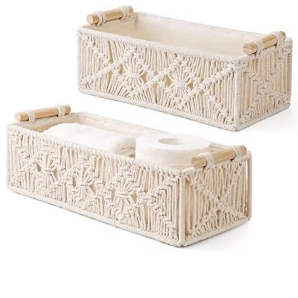 Set of 2 Ivory macrame toilet paper holder and storage basket